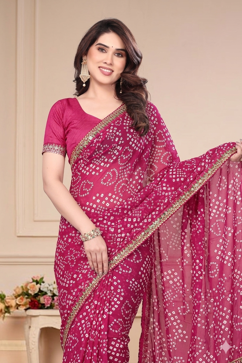 Georgette Bandhani Printed Saree (Pink)
