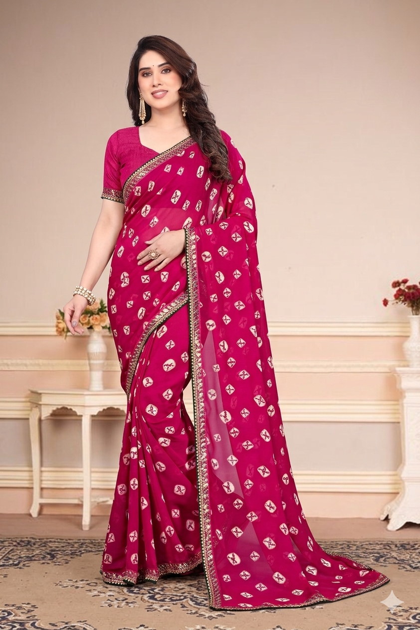 Georgette Bandhani Saree With Sequinned Lace (Pink)