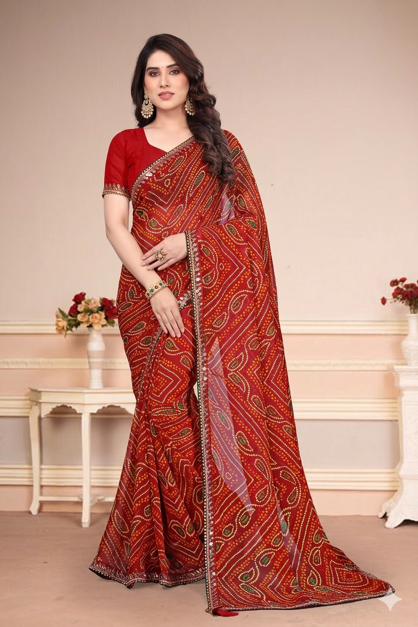 Georgette Bandhani Printed Saree (Maroon)