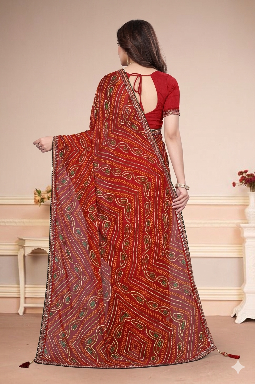 Georgette Bandhani Printed Saree (Maroon)