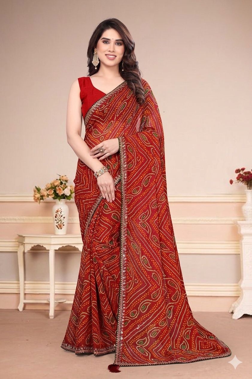 Georgette Bandhani Printed Saree (Maroon)