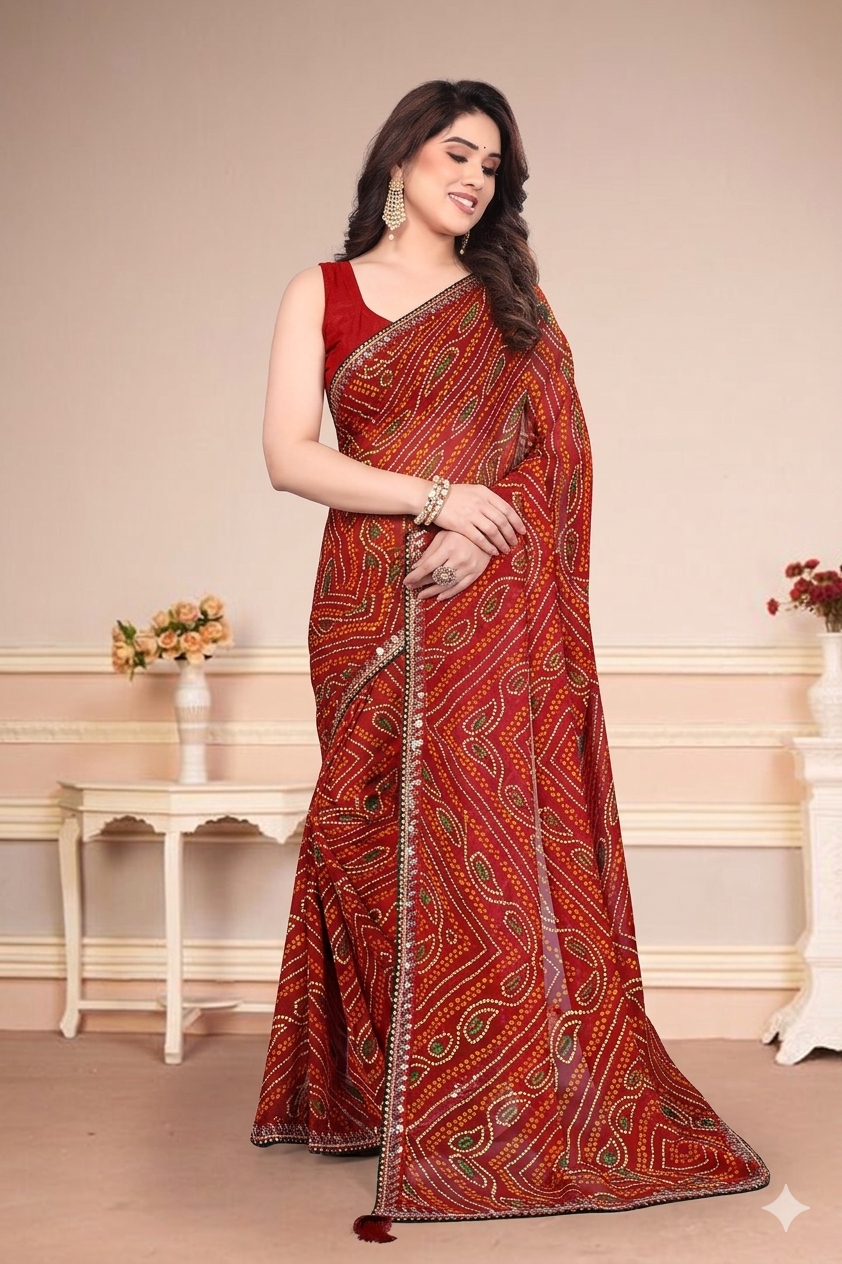 Georgette Bandhani Printed Saree (Maroon)
