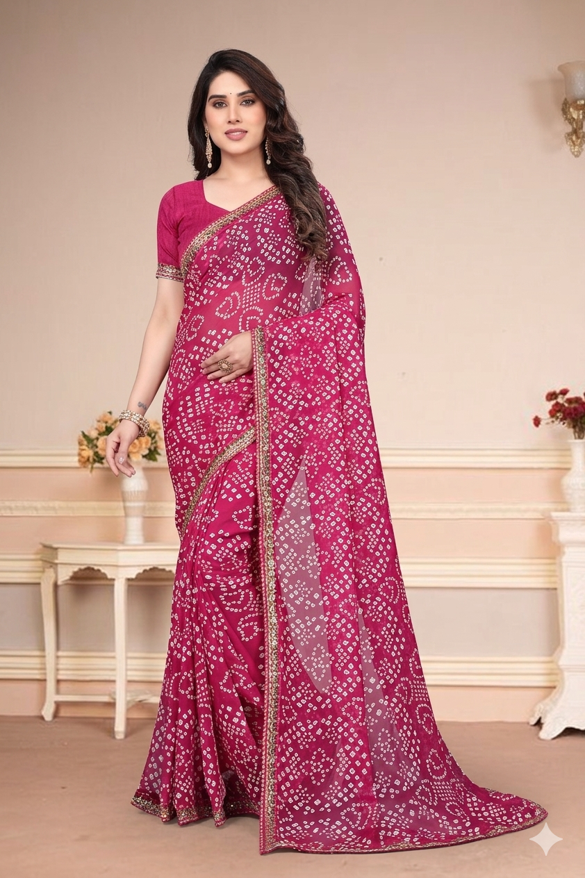 Georgette Bandhani Printed Saree (Pink)