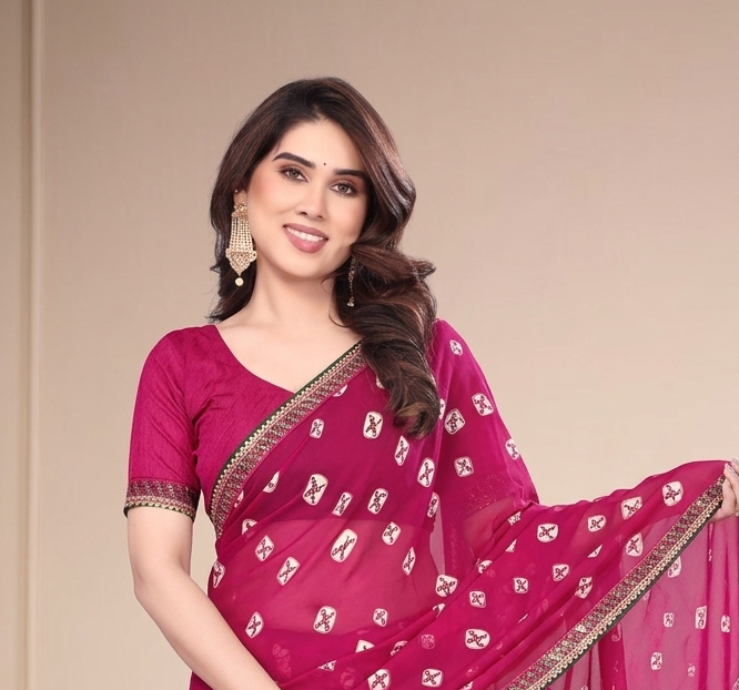 Georgette Bandhani Saree With Sequinned Lace (Pink)