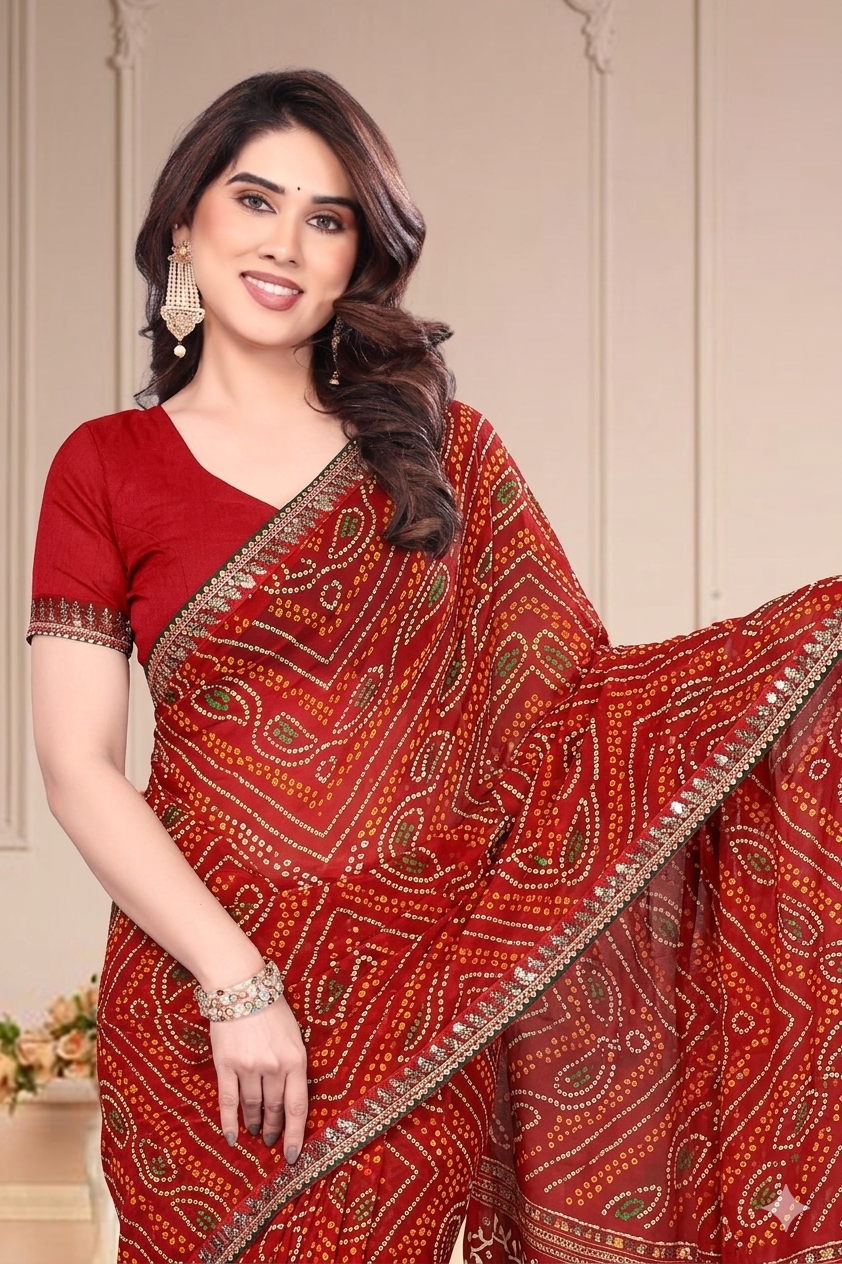 Georgette Bandhani Printed Saree (Maroon)