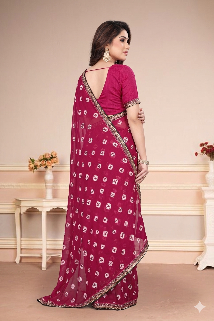 Georgette Bandhani Saree With Sequinned Lace (Pink)