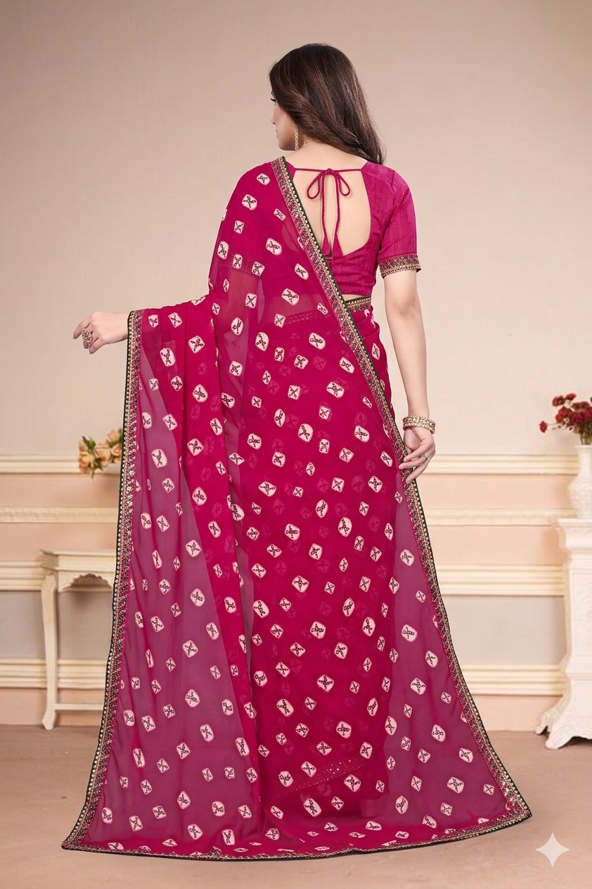 Georgette Bandhani Saree With Sequinned Lace (Pink)