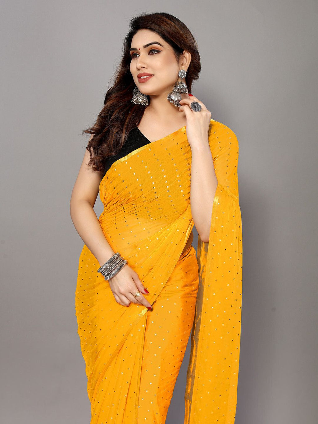 Chiffon Foil Print Saree (Yellow