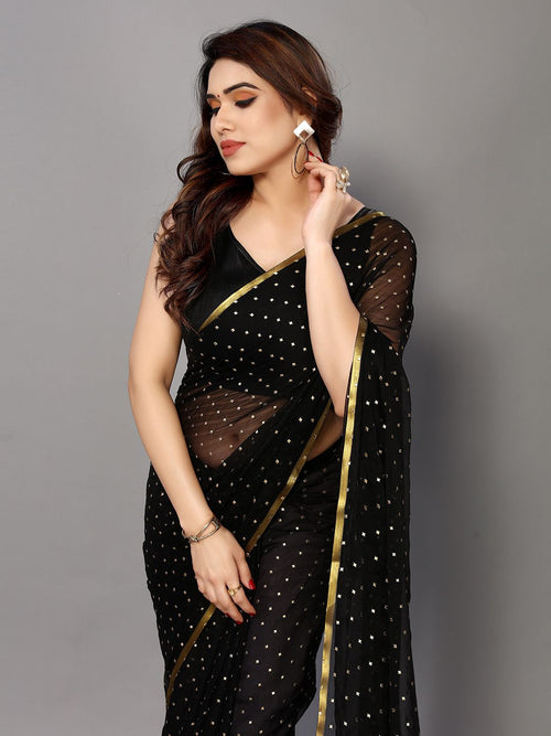 Black Chiffon Foil Print Saree (Black)
