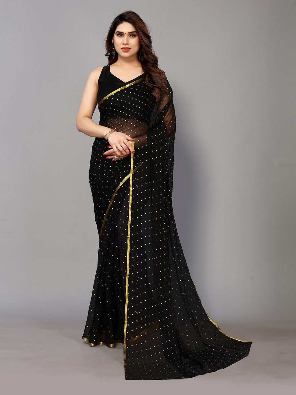 Black Chiffon Foil Print Saree (Black)