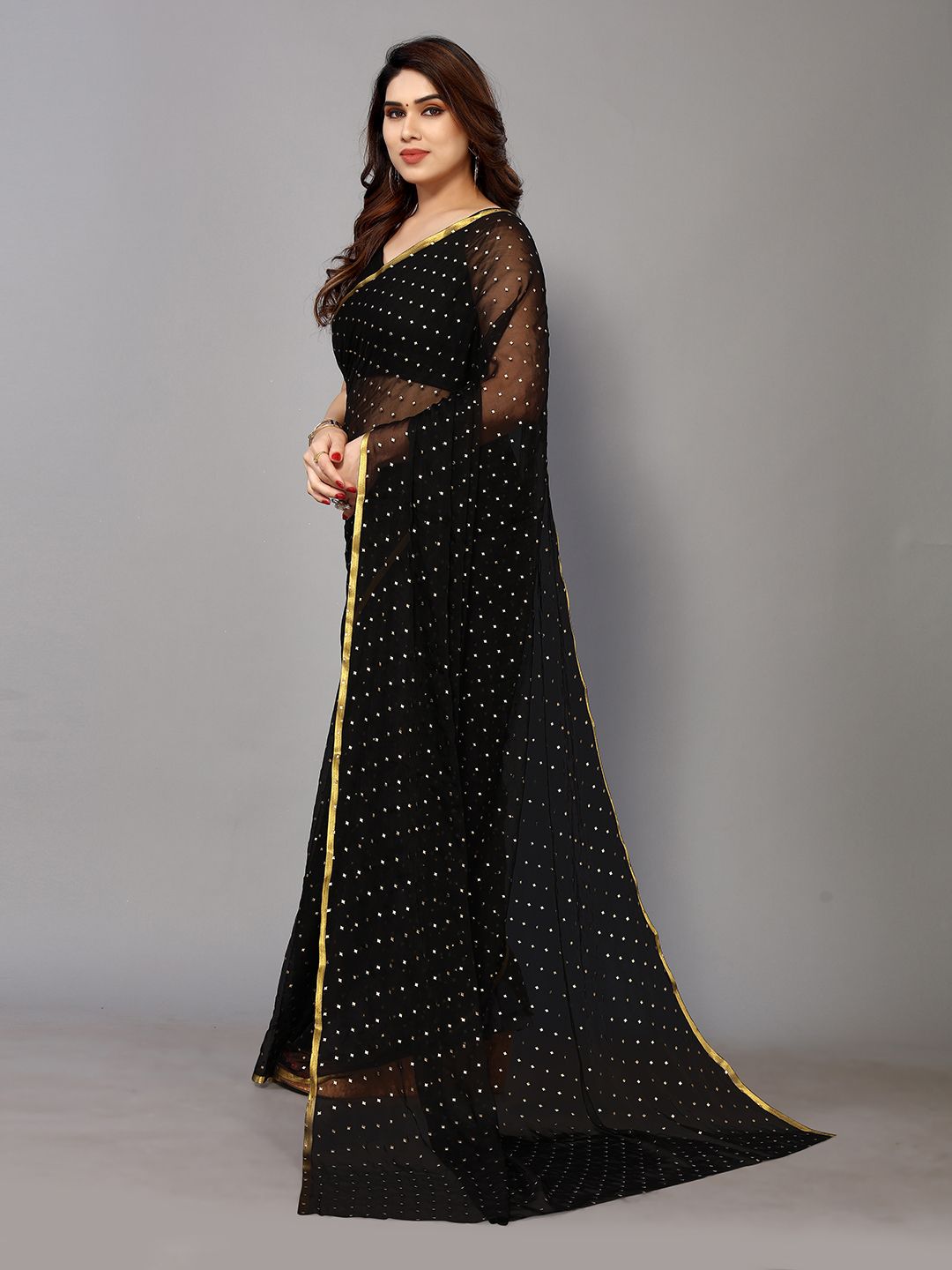 Black Chiffon Foil Print Saree (Black)
