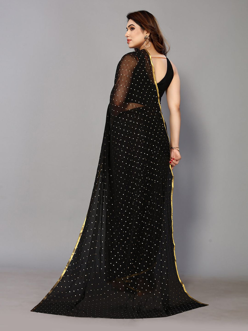 Black Chiffon Foil Print Saree (Black)