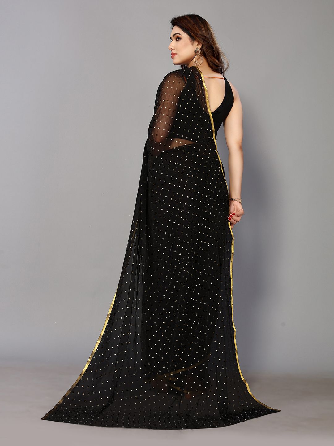 Black Chiffon Foil Print Saree (Black)