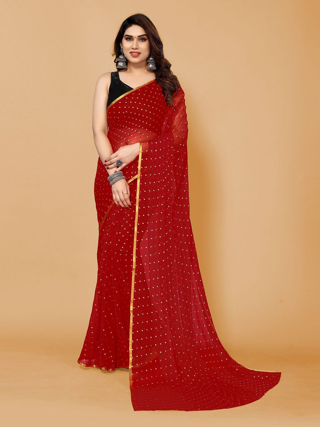 Chiffon Foil Printed Saree (Red)