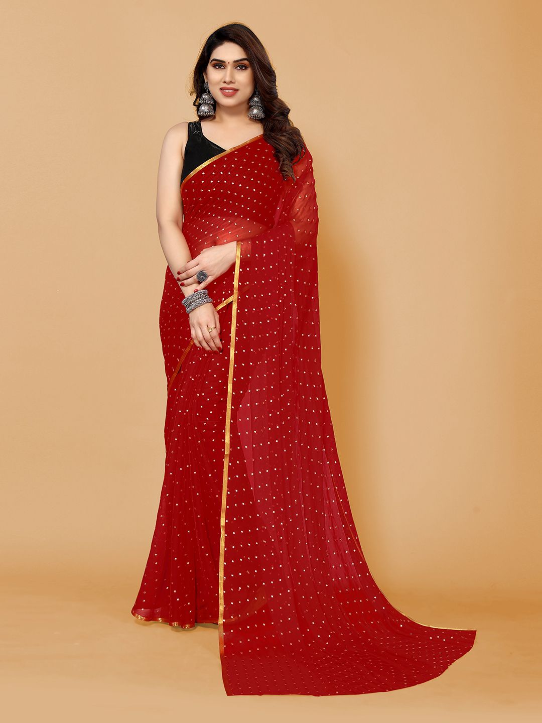 Chiffon Foil Printed Saree (Red)