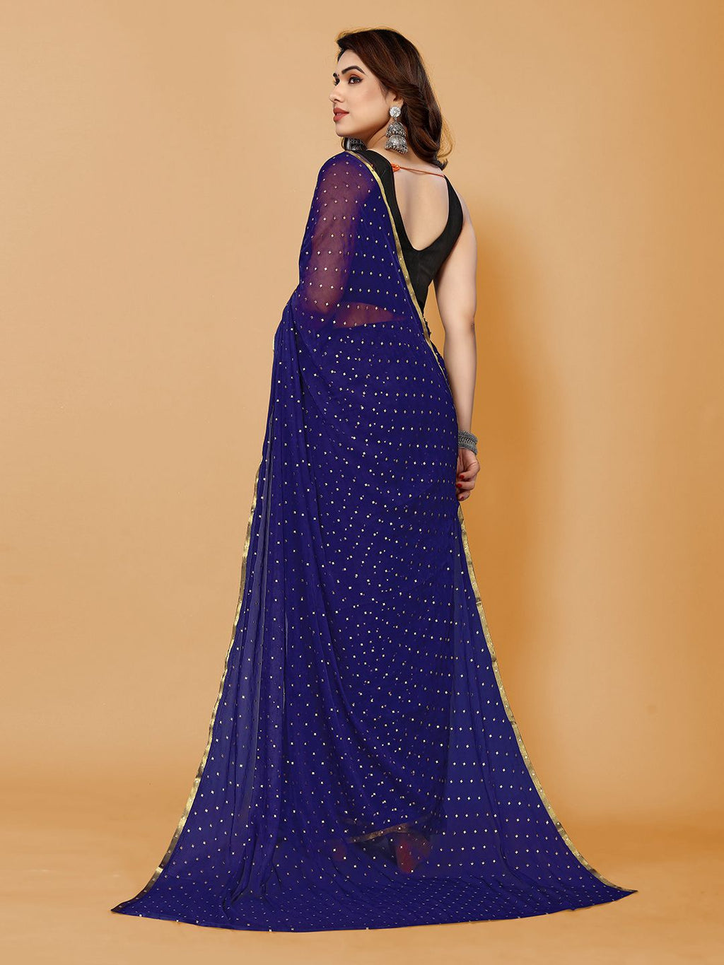 Chiffon Foil Print Saree (Dark Blue)