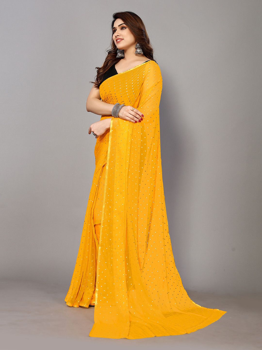 Chiffon Foil Print Saree (Yellow